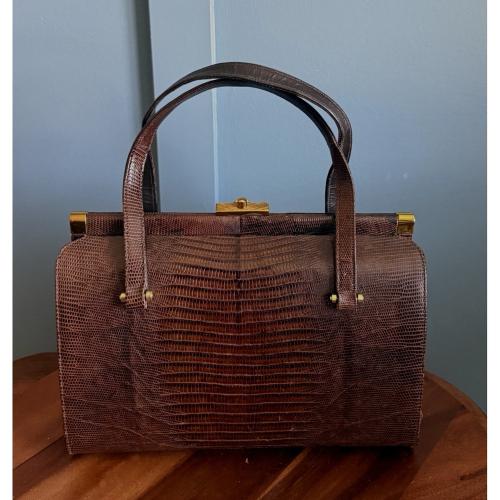 Vintage 50's Bellestone Brown Lizard Handbag Structured Gold Hardware Purse